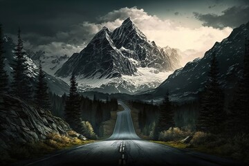 Landscape on the road to the mountains, big mountains, forest on the sides of the road, digital art style, illustration painting