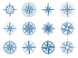 Wind rose compass set. Navigation devices with indication of the cardinal directions. Signs of  nautical compass