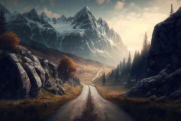 Landscape on the road to the mountains, big mountains, forest on the sides of the road, digital art style, illustration painting - obrazy, fototapety, plakaty
