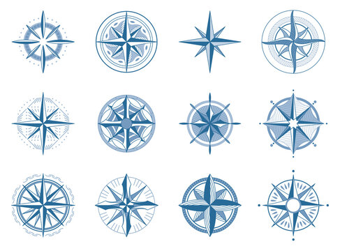 Wind rose compass set. Navigation devices with indication of the cardinal directions. Signs of  nautical compass
