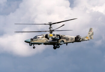 ZHUKOVSKY, RUSSIA - 25 July 2021: Demonstration of the Kamov Ka-52 Alligator attack helicopter of the Russian Air Force at MAKS-2021, Russia