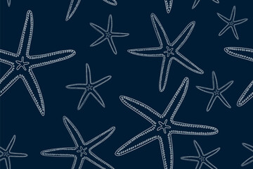 Simple seamless art pattern with sea stars isolated on marine blue background.
