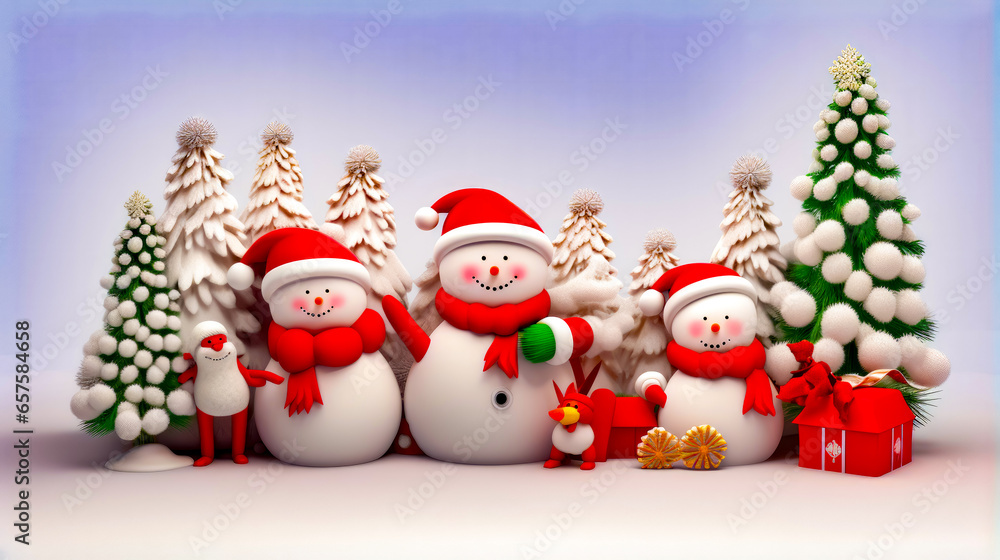 Poster group of snowmen standing next to each other in front of trees.