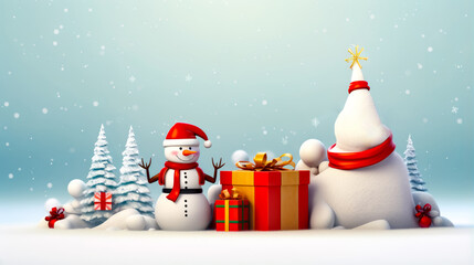 Obraz premium Snowman and snowman with presents in front of snowy landscape.
