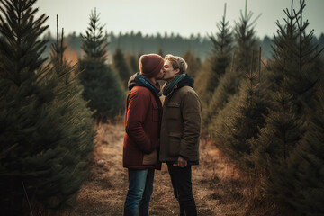 Gay couple kissing after buying a christmas tree