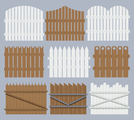 Different types wooden fence design. Rural fencing boards construction in flat style. Enclosing planks, yards barriers. Farm or rural house boundary isolated on white background