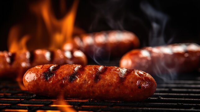 Fried barbecue sausages on a grill
