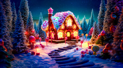 Christmas scene with gingerbread house and candy canes in the snow.