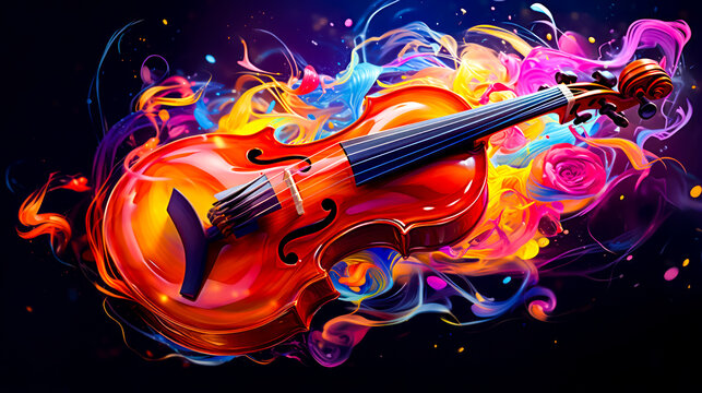 Colorful violin with black background and splash of paint on it.