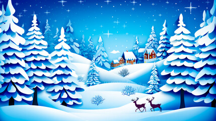 Christmas scene with house and deer on snowy hill with trees and snowflakes.