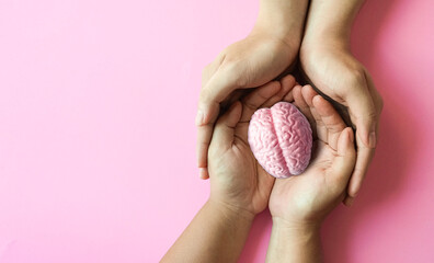 brain model in adult hands for protection around on pastel background. alzheimer's brain disease,...