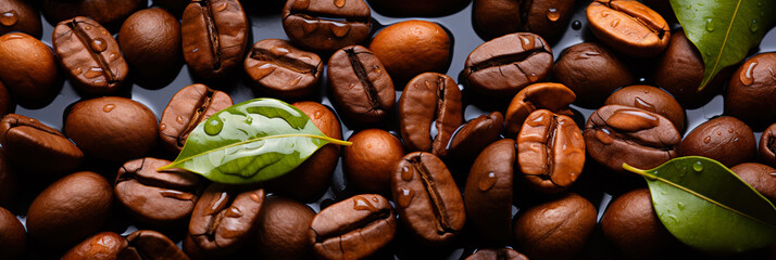 Fresh coffee beans banner. Coffee beans background. Close-up food photography - obrazy, fototapety, plakaty
