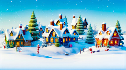 Christmas scene of snowy village with christmas tree and santa's sleigh.