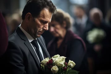 Foto op Plexiglas closeup shot of a senior man  in front of a funeral bouquet © Rudsaphon