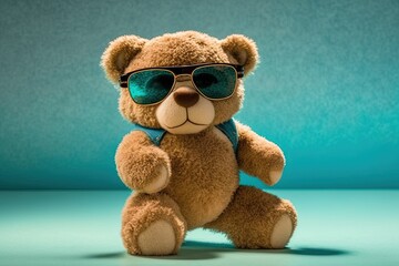 Teddy bear in blue shorts and sunglasses. Soft toy bear. AI generated