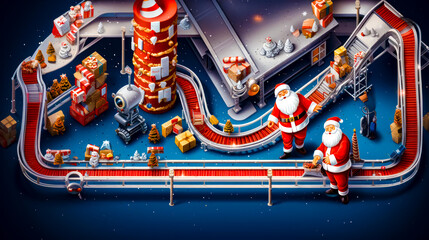 Christmas scene with santa claus and train on track and santa clause standing in front of it.