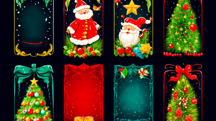 Set of christmas banners with santa claus, holly, bells, bells and stars.