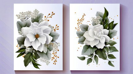 Two greeting cards with white flowers and green leaves on light purple background.