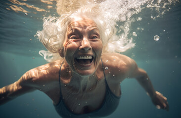 Active aging. An elderly woman has fun swimming in an outdoor pool by the sea. Leads an active lifestyle. This is the path to longevity in the golden age
of swimming