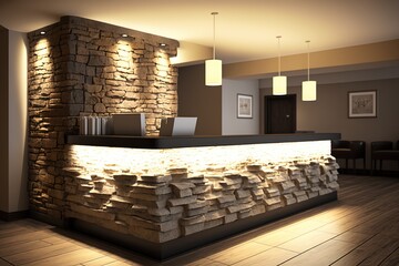Hotel reception, reception design, bar counter, hotel service desk, digital art style, illustration painting