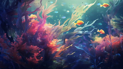 dynamic and natural seaweed, coral and small fish, digital art, generative cinematic color...