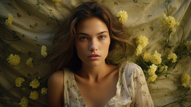 Female model with a dreamy aura near primroses and goosegrass on worn-out linen, colors shining in primrose yellow, fresh green, and vintage cream