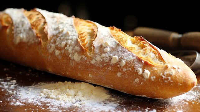 A Photo of a Crispy French Baguette with a Sprinkle of Flour