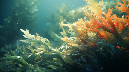 Fototapeta na wymiar dynamic and natural seaweed, coral and small fish, digital art, generative cinematic color gradations ai