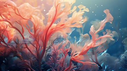 dynamic and natural seaweed, coral and small fish, digital art, generative cinematic color gradations ai - obrazy, fototapety, plakaty