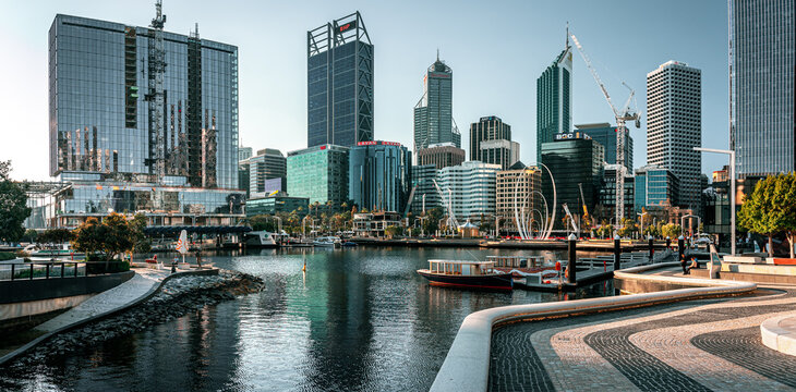 Perth, WA, Australia - Aug 30, 2023: City skyline at Elizabeth Quay