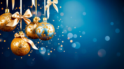 Blue and gold christmas ornament hanging from string with bow.