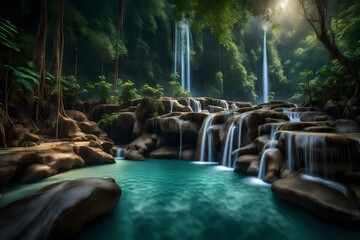 Craft an immersive 3D rendering that transports viewers to the tranquil setting of Erawan National Park's second waterfall level.