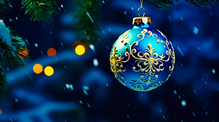 Obraz na płótnie Canvas Blue christmas ornament hanging from christmas tree in the snow.