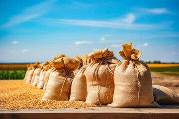 Abstract agrarian image with bags of grain. Hessian sack of grain and wheat. Close up of wheat grain in bags. - obrazy, fototapety, plakaty