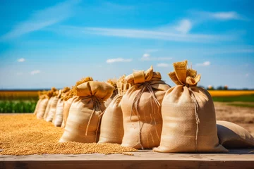 Tuinposter Abstract agrarian image with bags of grain. Hessian sack of grain and wheat. Close up of wheat grain in bags. © VisualProduction