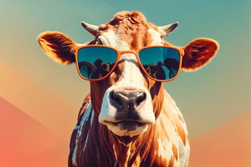 Cute portrait of a cow wearing cool sunglasses. Animal pet domestic store.