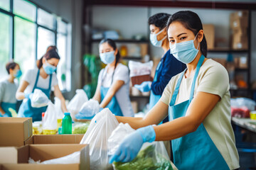 Obraz premium Group of volunteers in community charity donation center. Close up shot of diverse group of people volunteering at the volunteer center.