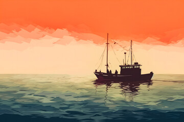 Illustration of a refugee boat on the sea in bright back lit background. Refugees coming to land with a boat.
