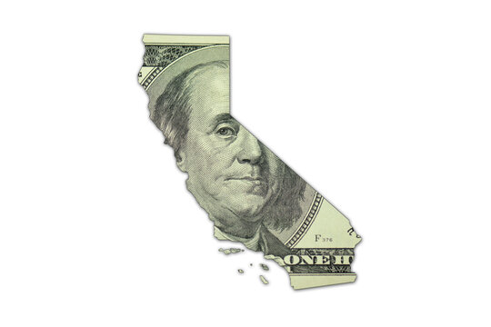 map of california state on a american dollar money texture on the white background. finance concept.