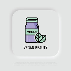 Vegan beauty thin line icon: glass bottle with leaf. Modern vector illustration for organic shop.