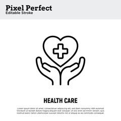 Healthcare thin line icon. Heart with cross in hands. Editable stroke. Vector illustration.