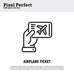 One way ticket on airplane in hand thin line icon. Editable stroke. Modern vector illustration.