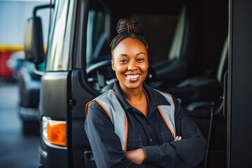 Portrait of beautiful young woman professional truck driver. smiling young woman driver in a truck. Female sitting on driving seat of a truck