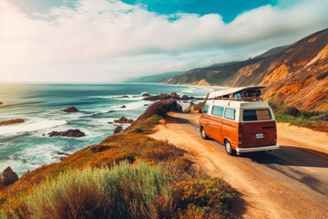 Travel with van. Young Male holding up map on a windy day whilst leaning against camper van. Tranquil Landscape with an RV van. - obrazy, fototapety, plakaty