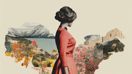 Editorial Image: Woman's Concern for Nature and Climate Change in Decoupage Collage.