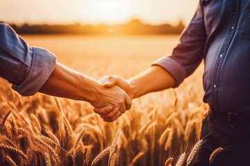 Two farmers shake hands in front of wheat field. Male farmer shaking hands while standing in cultivated green corn field during sunset against sky - obrazy, fototapety, plakaty