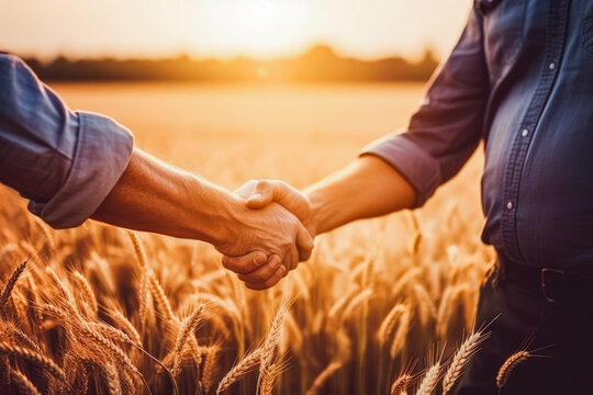 Two farmers shake hands in front of wheat field. Male farmer shaking hands while standing in cultivated green corn field during sunset against sky