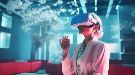 Woman in white attire with VR and AR headset, immersed in luxurious spatial computing experience. - obrazy, fototapety, plakaty