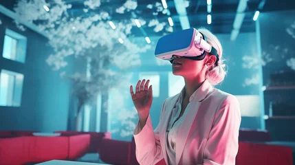 Foto op Aluminium Woman in white attire with VR and AR headset, immersed in luxurious spatial computing experience. © Gregory O'Brien