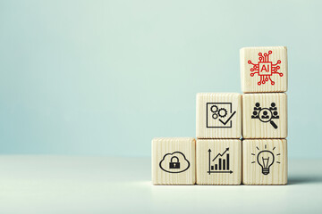 Assembled wooden cubes on the topic of the application of artificial intelligence in business